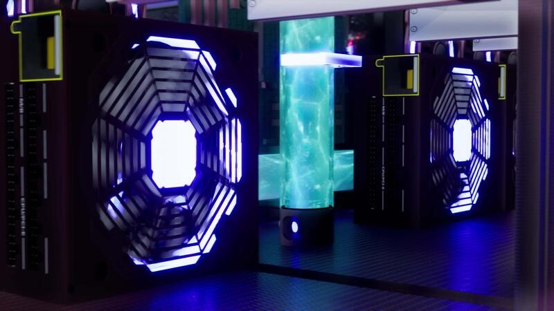 Close-up of ASIC mining hardware with LED status lights